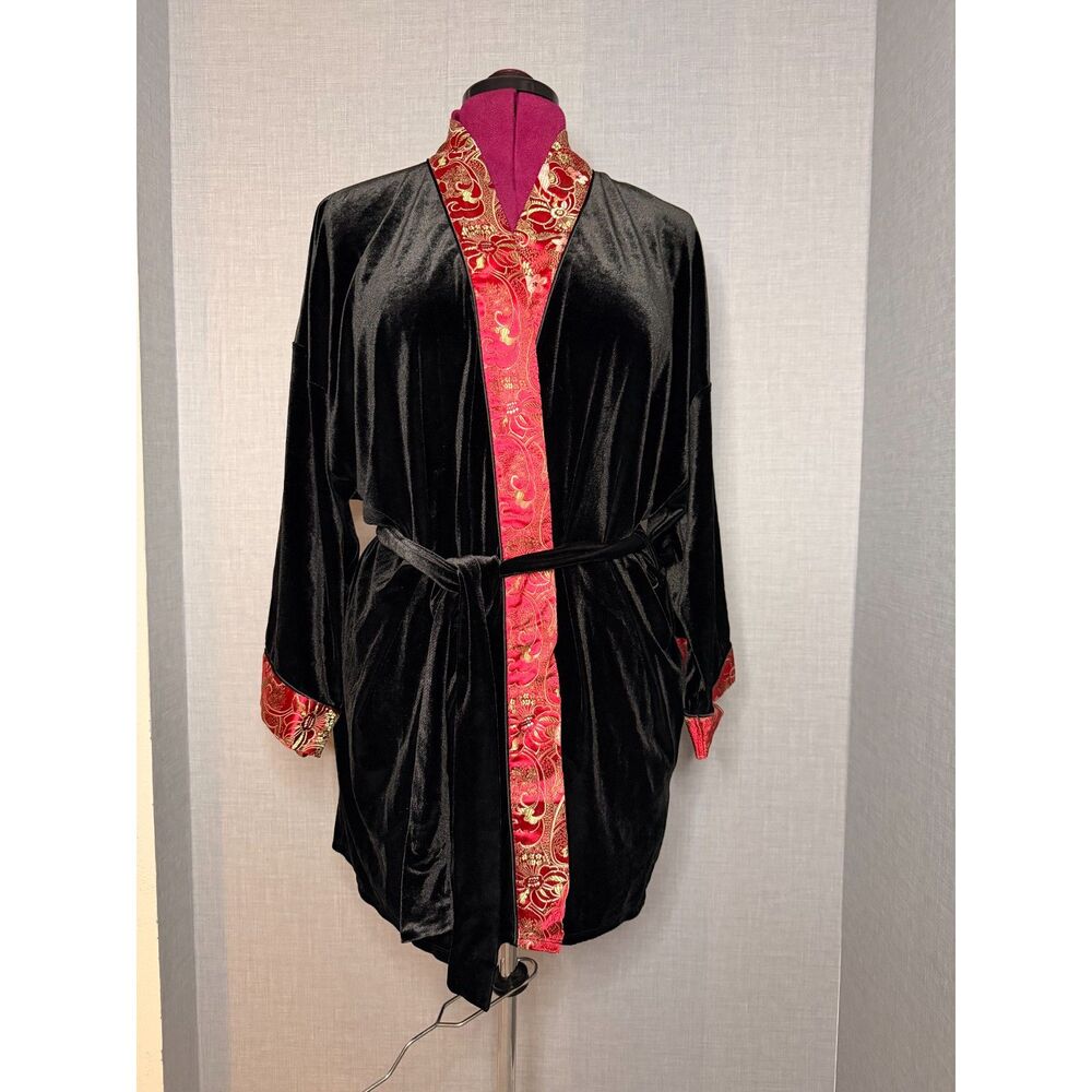 Frederick’s of Hollywood Black Velvet Robe XL Red Gold Brocade Kimono Glam Y2K